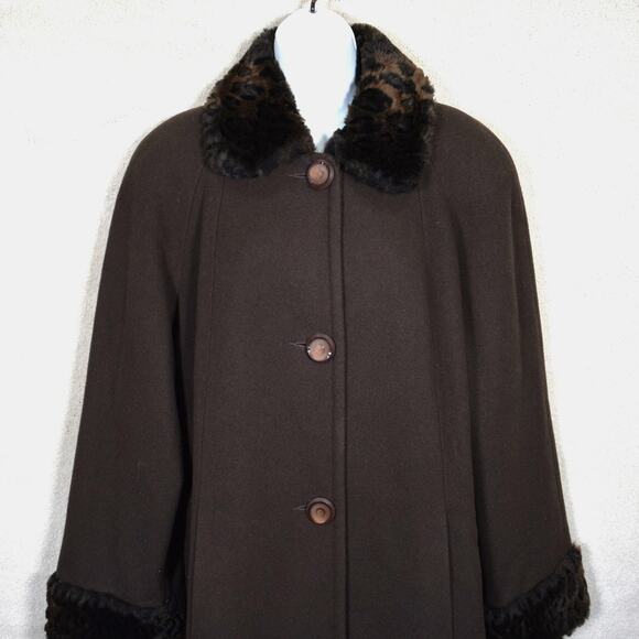 Vtg Womans L Brown Wool Winter Overcoat Faux Fur Collar Cuff Jo-D Lined Buttons - Picture 2 of 13